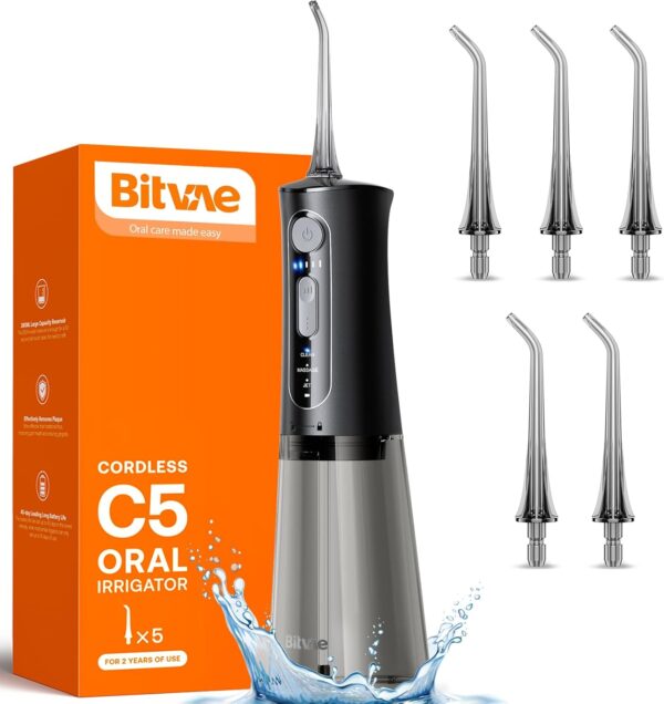 Bitvae C5 Water Dental Flosser for Teeth , Cordless Water Teeth Cleaner Picks, 3 Modes 5 Intensities, IPX7 Waterproof Water Flosser, 5 Tips Rechargeable Water Dental Picks for Cleaning - Black