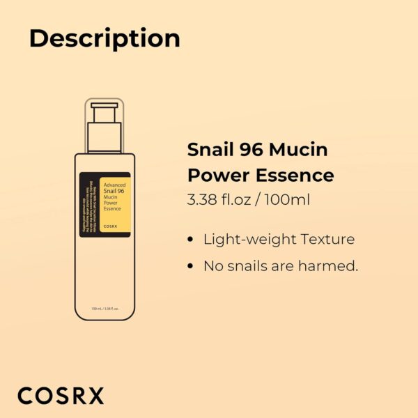 COSRX Snail Mucin 96% Power Repairing Essence 3.38 fl.oz 100ml, Hydrating Serum for Face with Snail Secretion Filtrate for Dull Skin & Fine Lines, Korean Skincare - Image 3