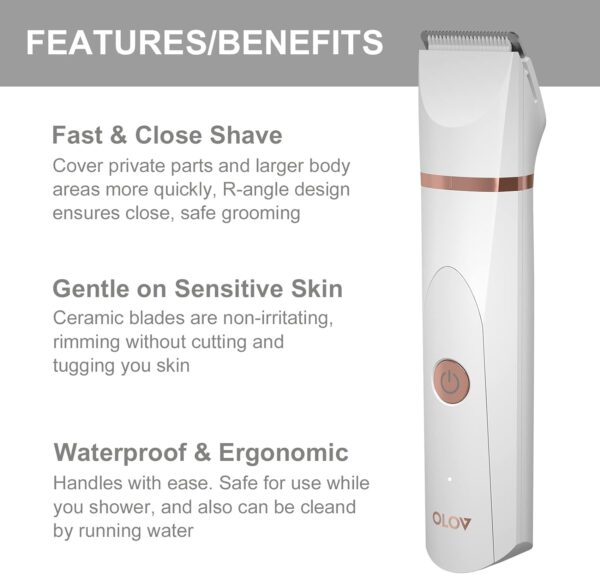 OLOV Bikini Trimmer Women - Wet/Dry Body Shaver Groomer, Replaceable Ceramic Blade Heads, USB Recharge Dock & Nosetrimmer Head Heads, Waterproof Male Hygiene Razor, White - Image 2