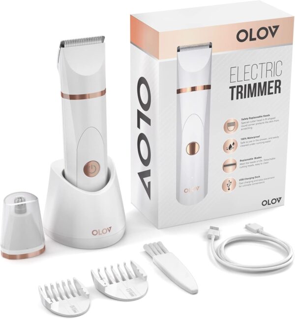 OLOV Bikini Trimmer Women - Wet/Dry Body Shaver Groomer, Replaceable Ceramic Blade Heads, USB Recharge Dock & Nosetrimmer Head Heads, Waterproof Male Hygiene Razor, White - Image 6