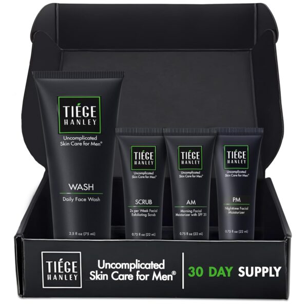 Tiege Hanley Mens Skin Care Set, Essential Skin Care Routine for Men (System Level 1) - Face Wash Kit for Fines Lines & Wrinkles - Men's Skincare Set Includes Face Wash, Facial Scrub, & Moisturizer