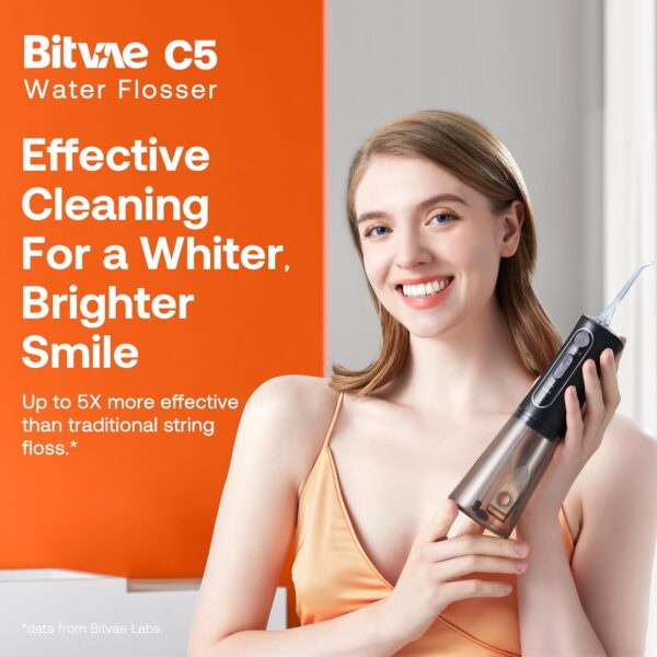 Bitvae C5 Water Dental Flosser for Teeth , Cordless Water Teeth Cleaner Picks, 3 Modes 5 Intensities, IPX7 Waterproof Water Flosser, 5 Tips Rechargeable Water Dental Picks for Cleaning - Black - Image 2