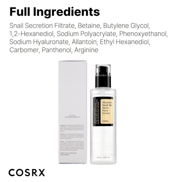 COSRX Snail Mucin 96% Power Repairing Essence 3.38 fl.oz 100ml, Hydrating Serum for Face with Snail Secretion Filtrate for Dull Skin & Fine Lines, Korean Skincare - Image 7