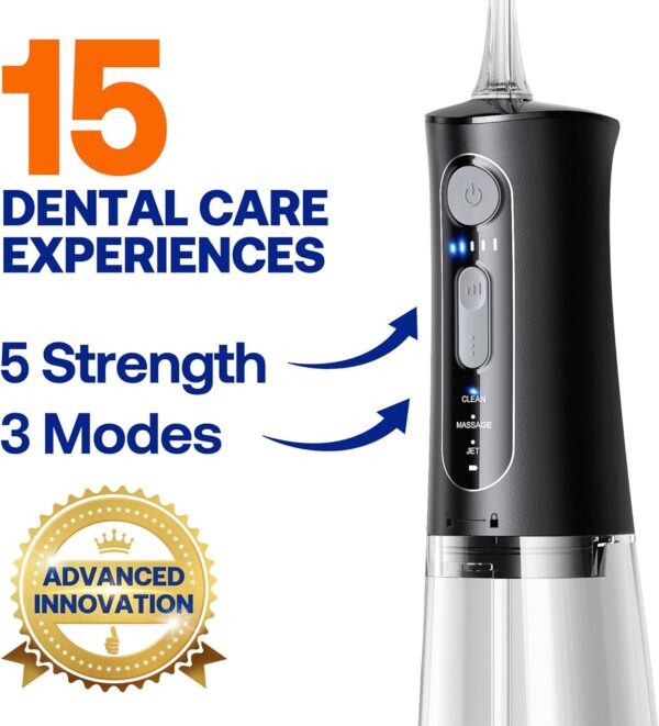 Bitvae C5 Water Dental Flosser for Teeth , Cordless Water Teeth Cleaner Picks, 3 Modes 5 Intensities, IPX7 Waterproof Water Flosser, 5 Tips Rechargeable Water Dental Picks for Cleaning - Black - Image 4